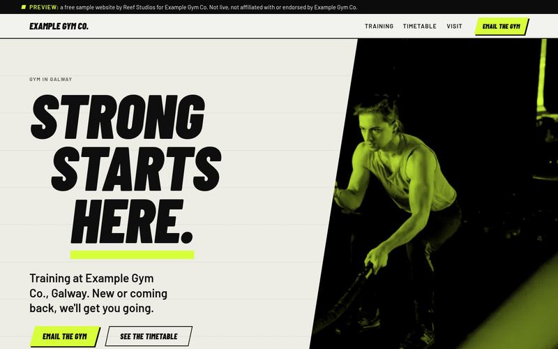 Gym concept on a laptop: slanted italic headline 'Strong starts here.' next to a lime-toned training photo.